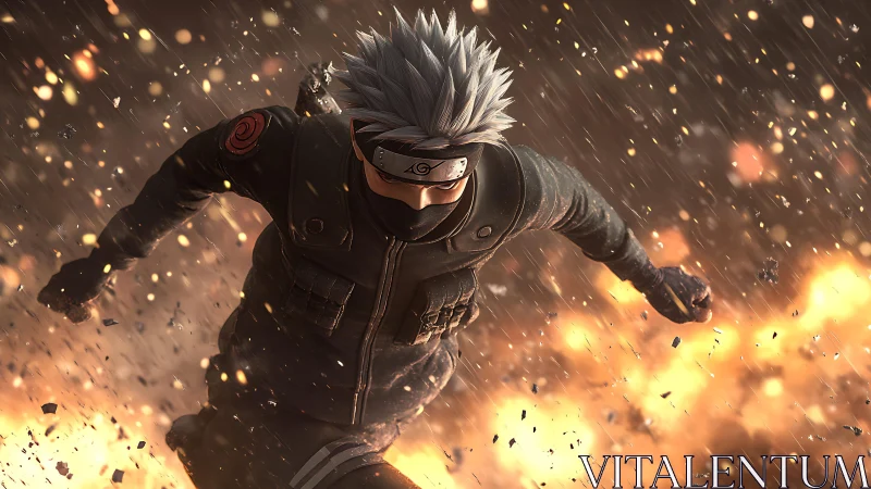 Masked ninja sprinting through explosive battlefield scene.