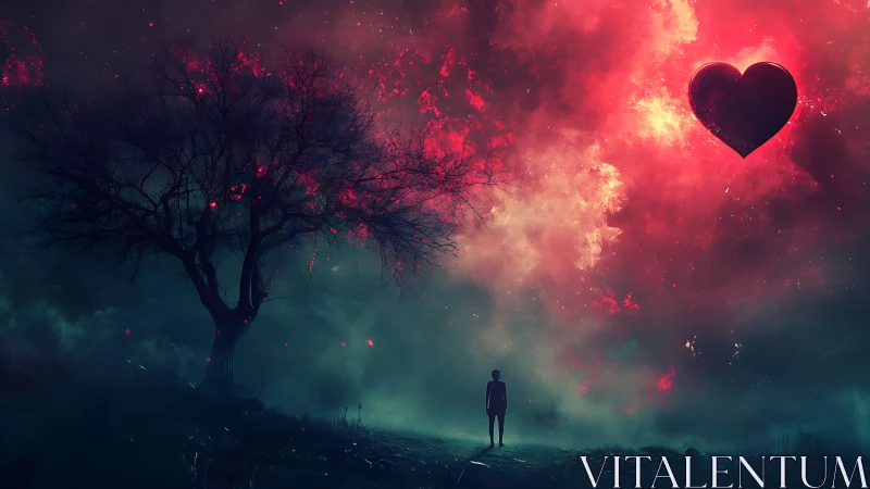 Solitary Figure Beneath Incandescent Arboreal Form with Luminous Heart Symbol.