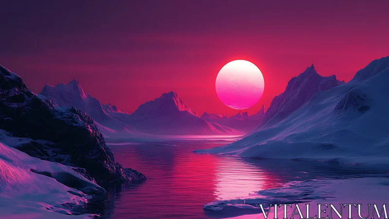 Neon polar seascape with surreal magenta sun and glaciers.