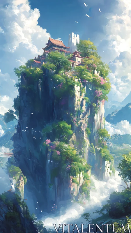 Asian pagoda atop towering cliff formation surrounded by clouds