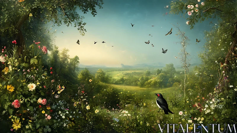 Lush flower valley with birds under bright spring sky.