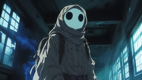 Hooded ghostly wanderer haunts an eerie abandoned hallway.