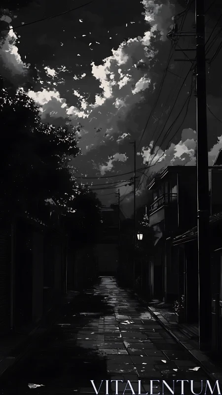 Monochrome nocturnal alleyway with reflective wet paving design.