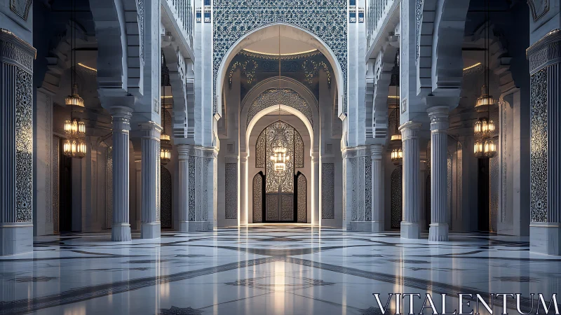 Ornate Islamic marble hall shows symmetrical arches and lights