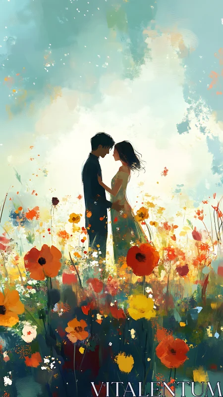 Two figures embrace amid a vibrant, dreamy field of wildflowers.