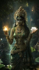 Regal goddess figure holding diya and lotus in forest shrine.