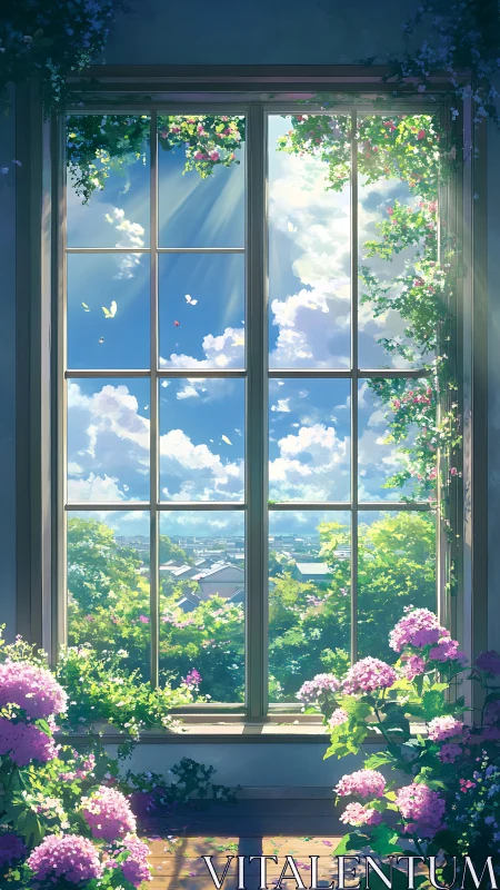Sunlit garden view through tall window with blooming hydrangeas