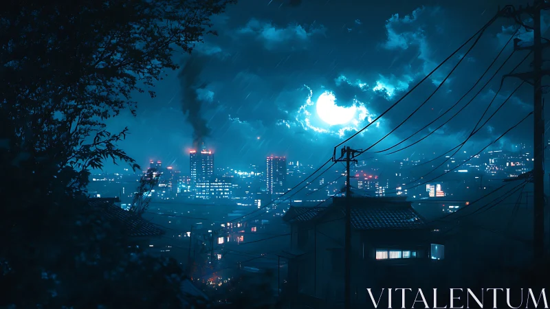 Night cityscape shows moonlit skyline under rainfall