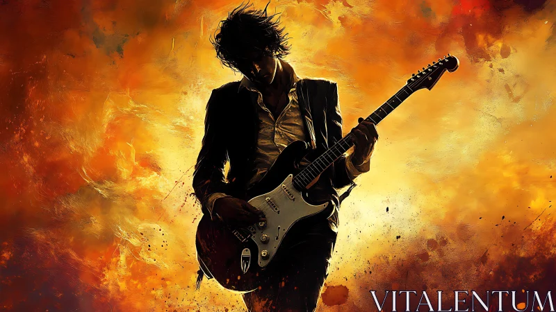 Silhouetted rock guitarist ignites a blazing abstract stage