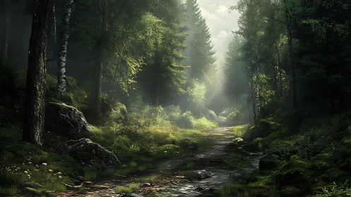Sunlit Forest Stream: A Serene Journey Through Ancient Woods