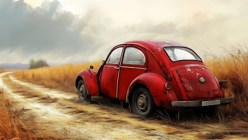 Rust-red country cruiser lingers where the dirt road bends