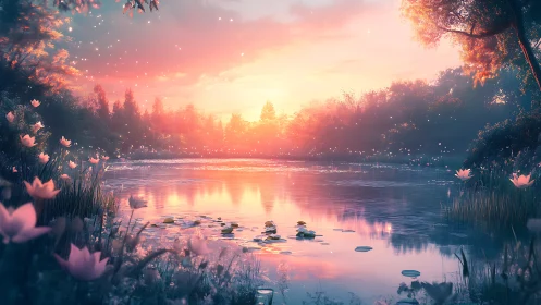 Lakeside waterlilies under diffuse sunset light glow.