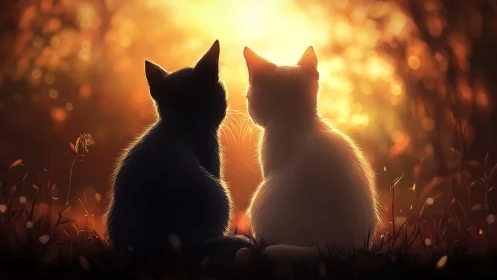 Two Cats Silhouetted Against Golden Sunset Glow