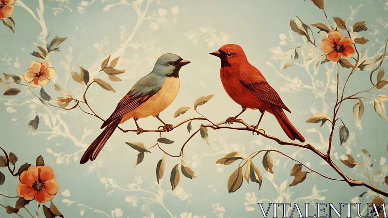 Two Colorful Birds on Floral Branch, Vintage Illustration Style.