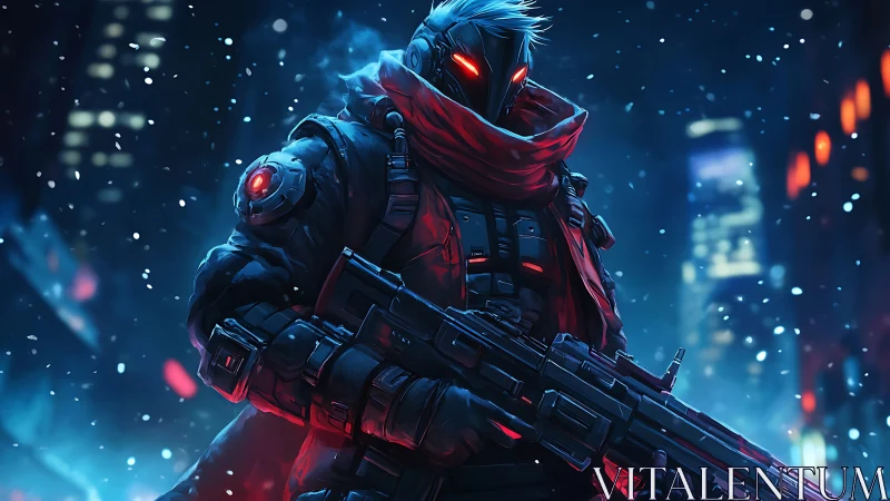 Cyberpunk sniper in winter city with glowing red visor.