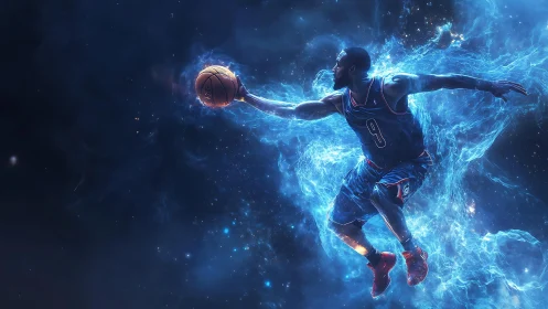 Cosmic basketball player drives through luminous nebula field
