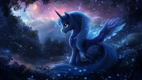 Bioluminescent winged unicorn in nocturnal fantasy forest