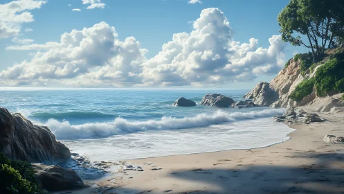 Rocky coastal shoreline under luminous stratocumulus sky.