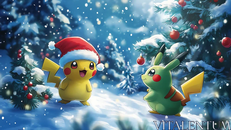 Pikachu Christmas scene with snowy forest lights and gifts.