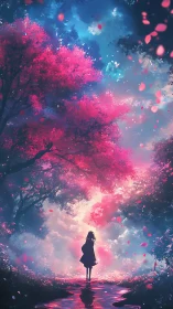 Silhouette girl walks through luminous pink forest path