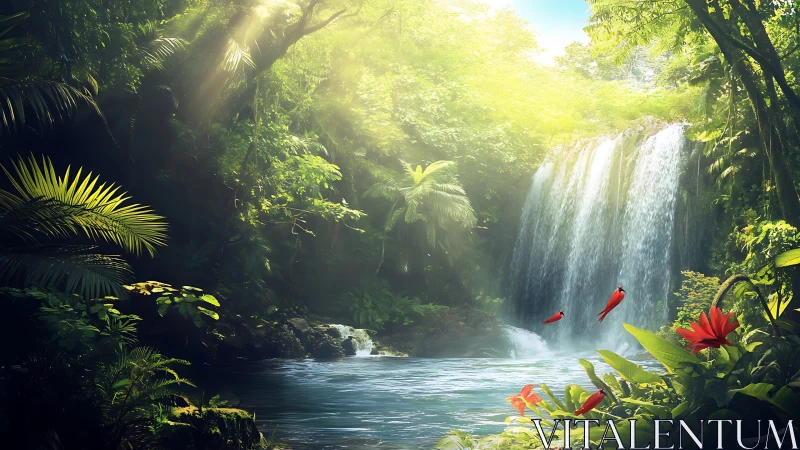 Sunlit jungle waterfall and vibrant red birds in harmony.