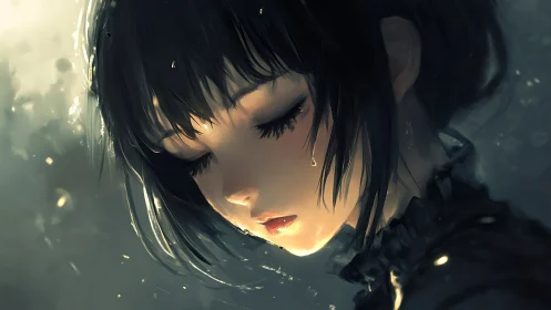 Melancholic girl in golden backlight, tear-streaked portrait.