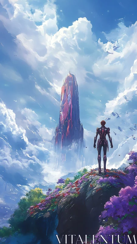 Solitary sky wanderer gazing toward a floating crystal spire.