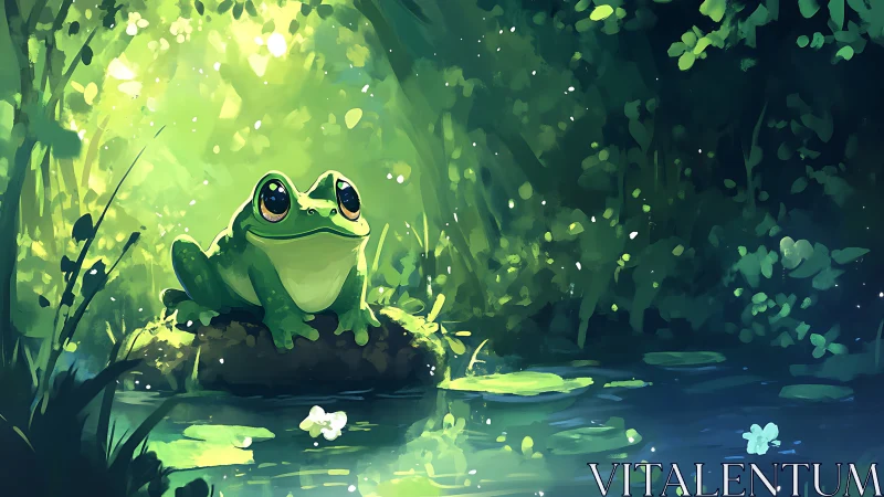 Radiant green frog observes dappled forest pond light