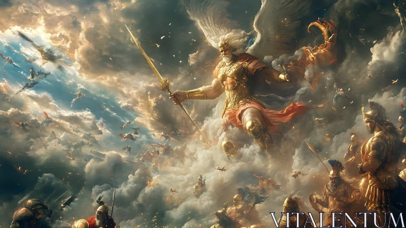 Winged armored figure leading celestial battle scene.