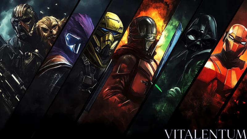 Stylized sci‑fi warriors stand divided by vivid light and fire