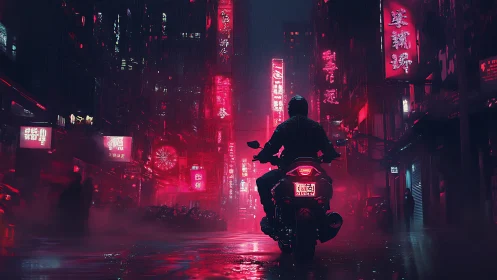 Neon rain crowns a lone biker in midnight city canyons