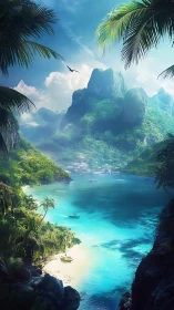 Tropical lagoon with limestone cliffs and palm vegetation