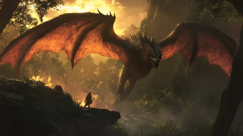 Dragon with extended wings confronts lone figure at sunset