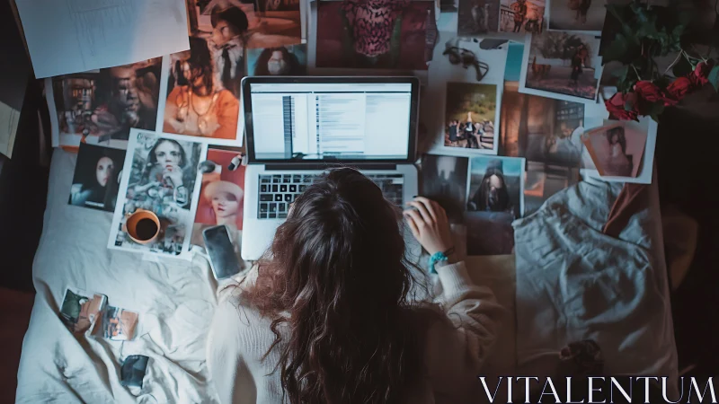 Overhead view of photographer editing images on laptop in bed