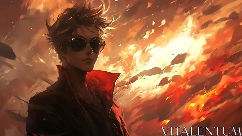 Figure in sunglasses before dynamic fiery abstract sky.