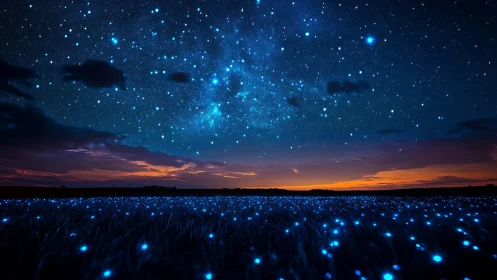 Night sky over illuminated field at post-sunset horizon.