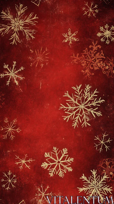 Red textured background with scattered gold snowflakes.