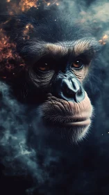 Cosmic chimpanzee gazing through swirling starlit smoke.