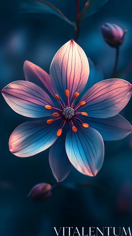 Five-petal flower with gradient pink-to-blue petals and orange stamens