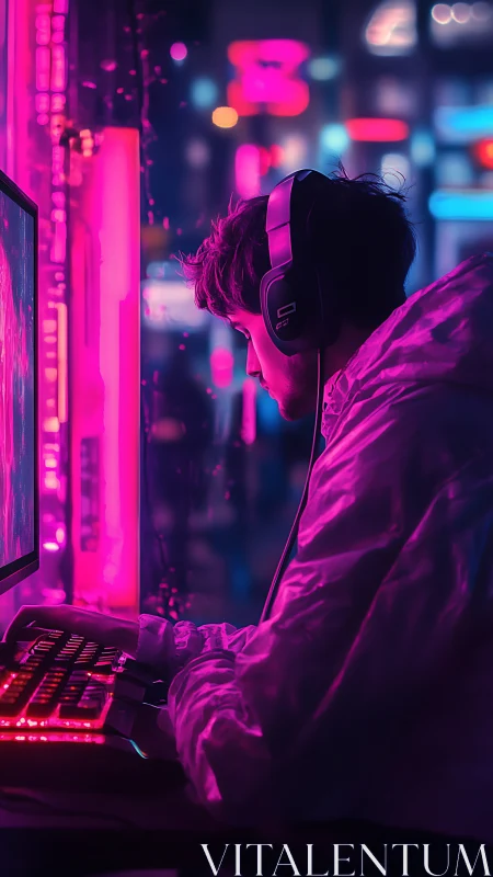 Neon-lit gamer drifts through a cyberdream of city lights.