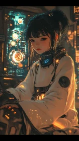 Cyberpunk pilot girl amid glowing control interfaces.
