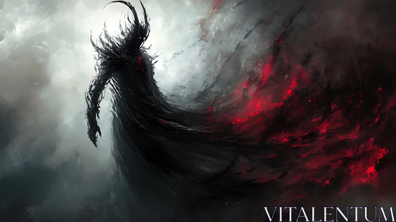 Abyssal wraith emerging through turbulent chromatic vortex.