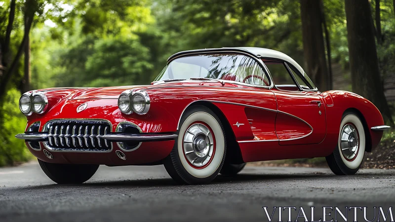 Vintage red Corvette gleams beneath lush forest canopy.