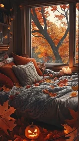 Autumn bedroom vignette unites warm textiles and Halloween decor