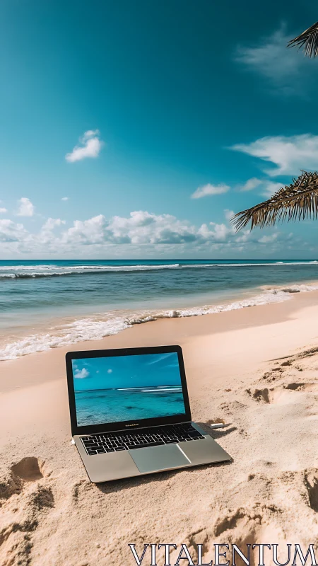 Laptop on tropical beach sand under clear blue sky.