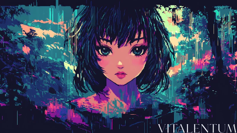Neon forest girl gazes calmly through a dreamy digital haze