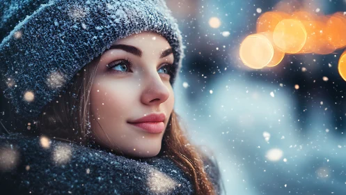 Woman in snowfall with soft bokeh city lights background.