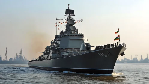 Modern naval warship advances past harbor fleet at sunrise