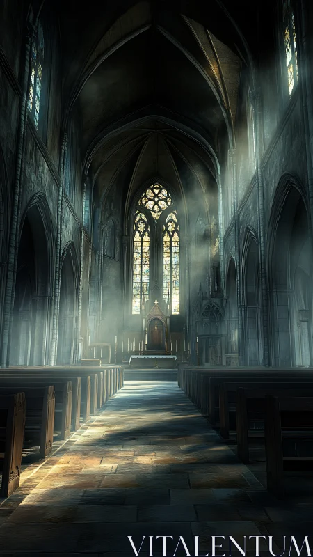 Silent cathedral nave bathed in ethereal morning light.
