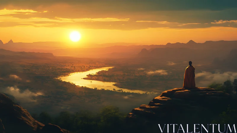 Solitary wanderer greeting a river of molten sunrise light.